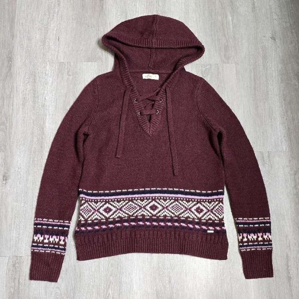 Hollister Fair Isle Hooded Sweater Red Maroon Tie Front Women's Y2K